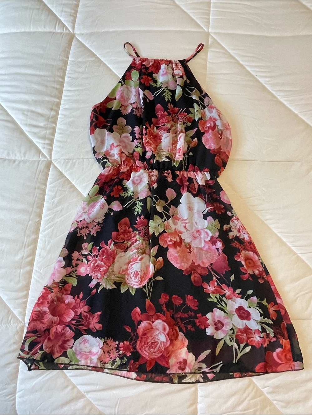 Halter Floral Mini Dress - Black with Pink & Red Blooms